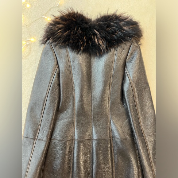 Brown Black Real leather and Real Fur Maxi Coat - Picture 12 of 15